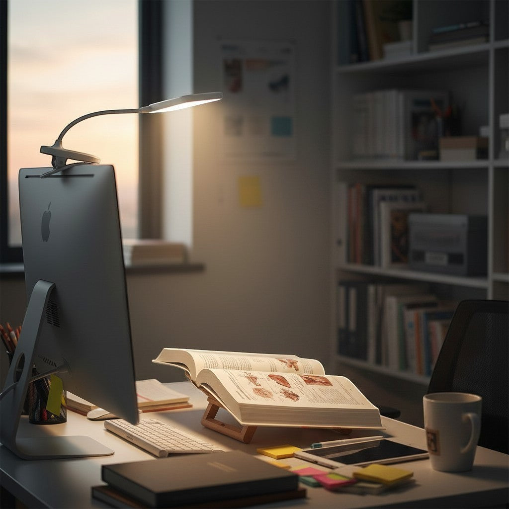goodlampe white clip-on LED desk lamp with adjustable brightness, USB powered for students.