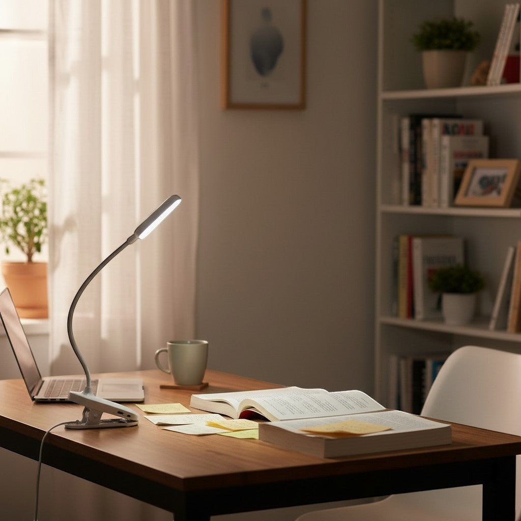 goodlampe white clip-on LED desk lamp with adjustable brightness for students, USB powered.