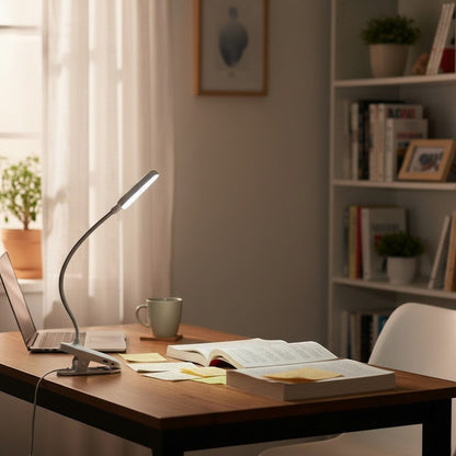 goodlampe white clip-on LED desk lamp with adjustable brightness for students, USB powered.