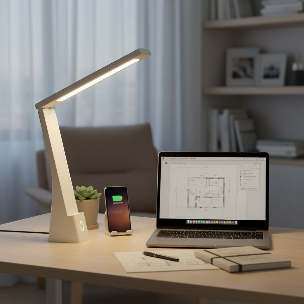 goodlampe white foldable LED desk lamp with dimmable light and touch control, rechargeable and portable.