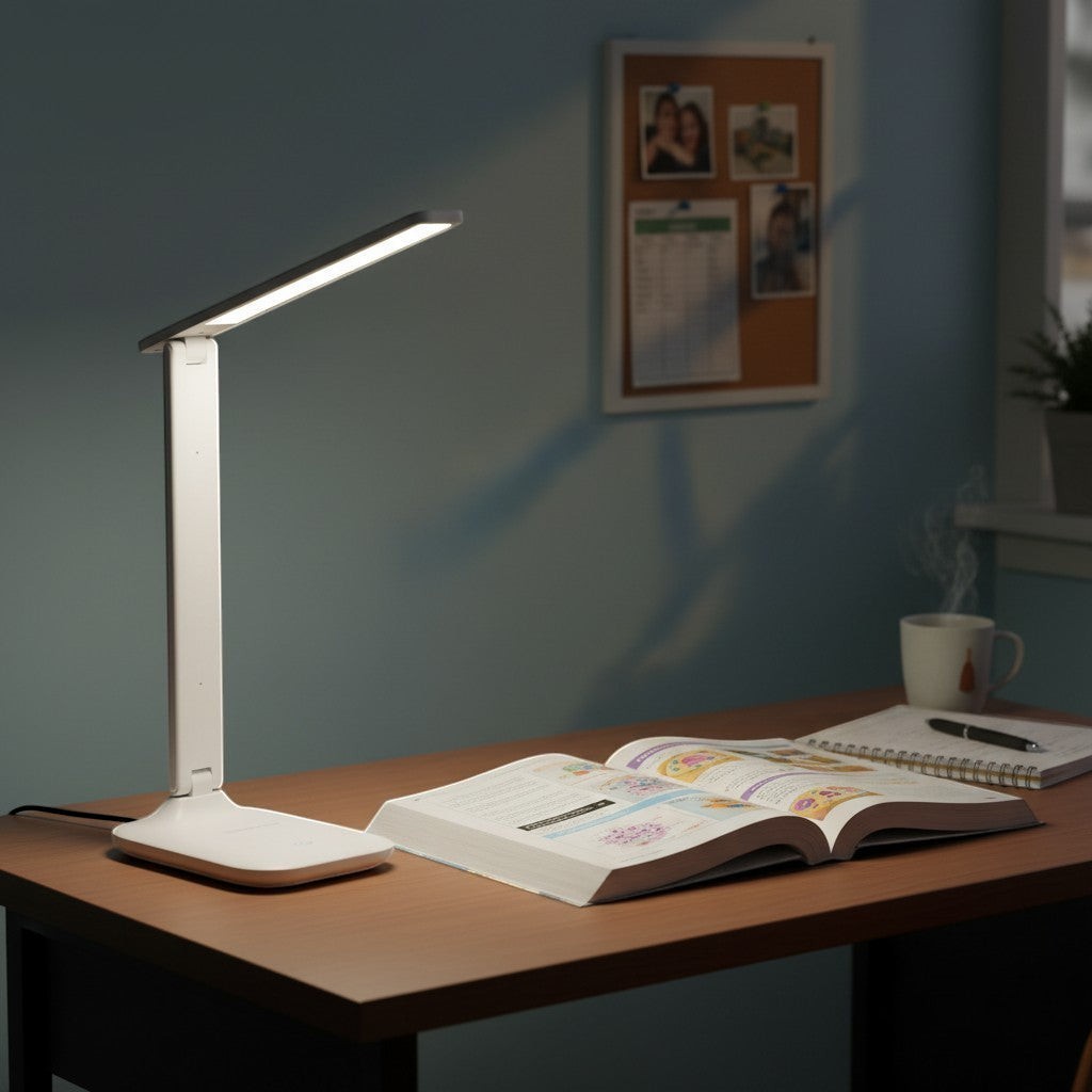 goodlampe white foldable LED desk lamp with touch control and adjustable brightness, USB powered.