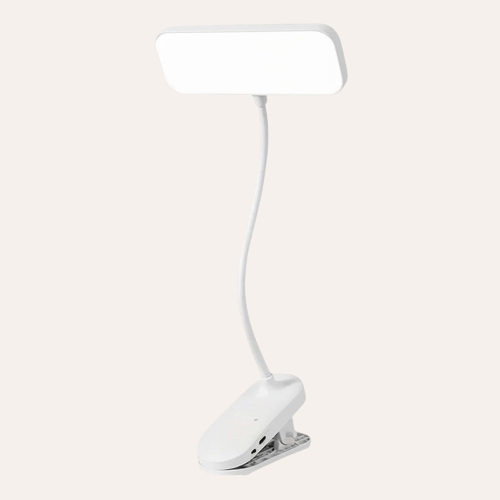 goodlampe white LED clip-on desk lamp with flexible gooseneck and USB charging, ideal for students.