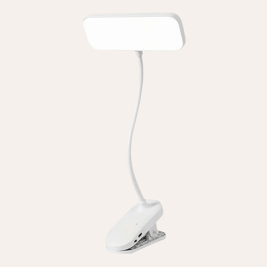 goodlampe white LED clip-on desk lamp with flexible gooseneck and USB charging, ideal for students.