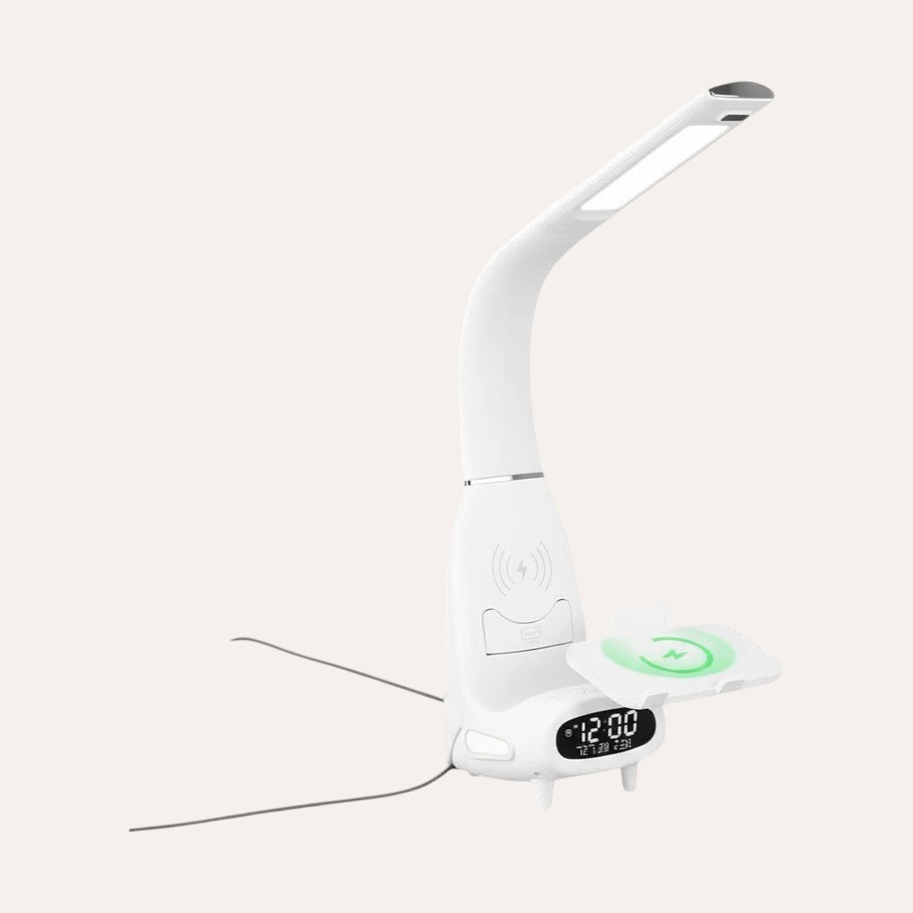 goodlampe white LED desk lamp with wireless charging, USB port, and digital clock display.