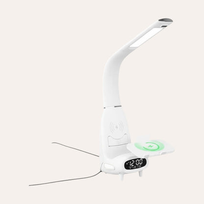 goodlampe white LED desk lamp with wireless charging, USB port, and digital clock display.