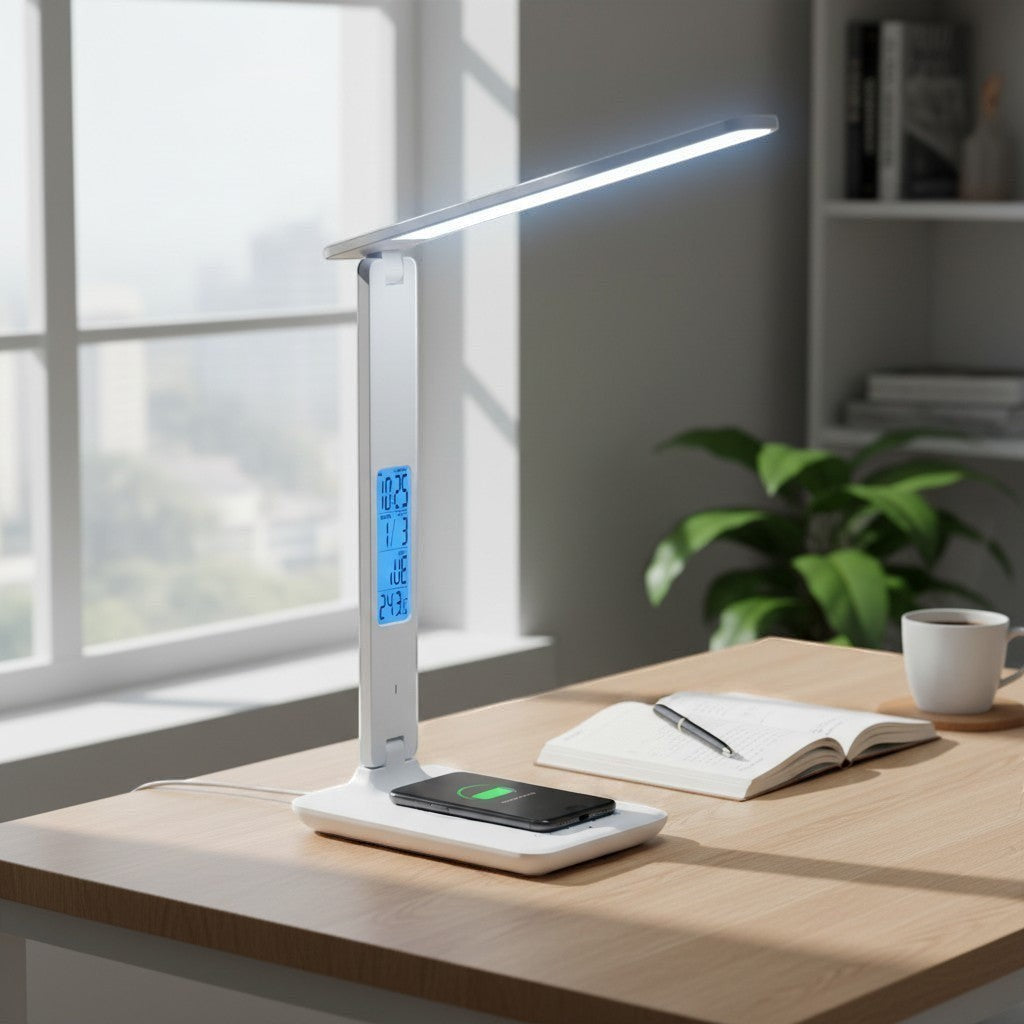 goodlampe white LED desk lamp with wireless charging, calendar, clock, and adjustable brightness.