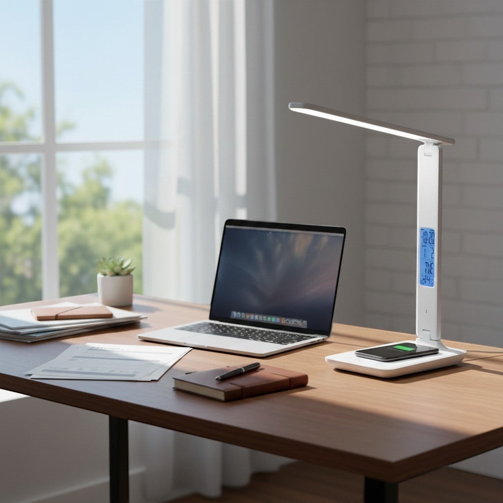 goodlampe white LED desk lamp with wireless charging, calendar, clock, and adjustable brightness.