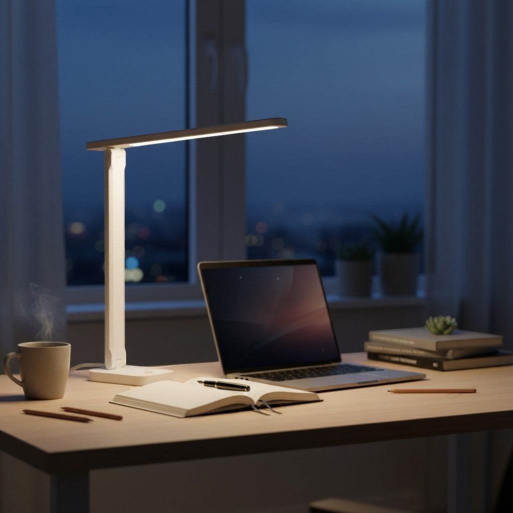 goodlampe white LED desk lamp, foldable, touch-sensitive, USB powered, dimmable light for study or office.